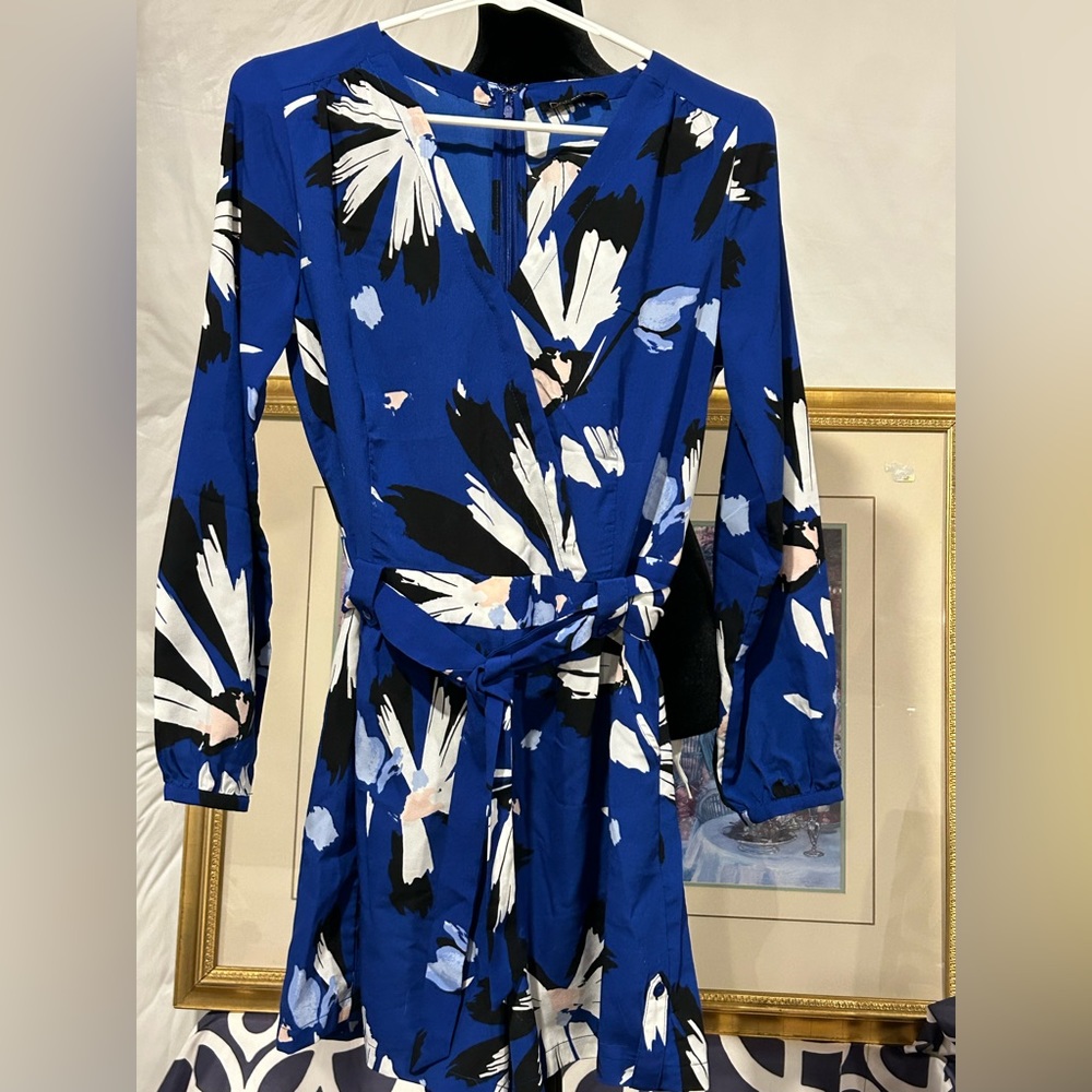Women’s Dalia Blue Floral Romper with Fabric Belt.
